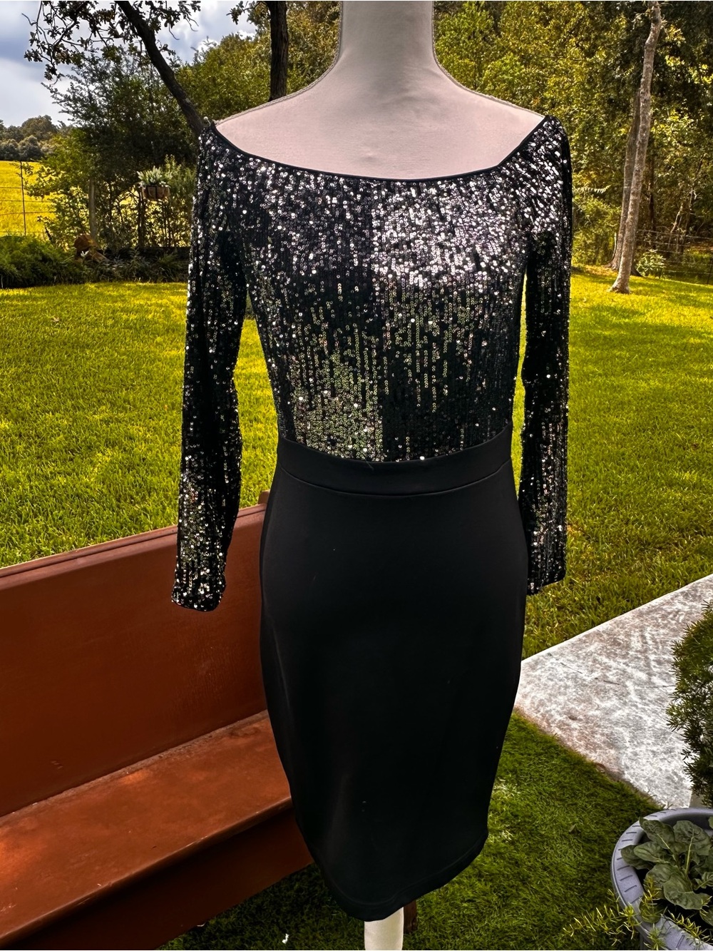 Black Sequin Bodice Pencil Dress - Women